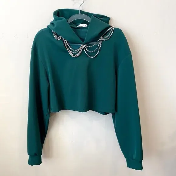 AREA Cropped Crystal Embellished Hooded Sweatshirt top shirt green medium - Picture 2 of 7